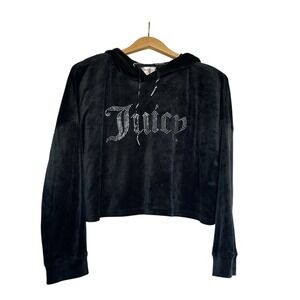 L Women's Juicy Couture Sleepwear Loungewear Black Velour Cropped Hoodie Diamond